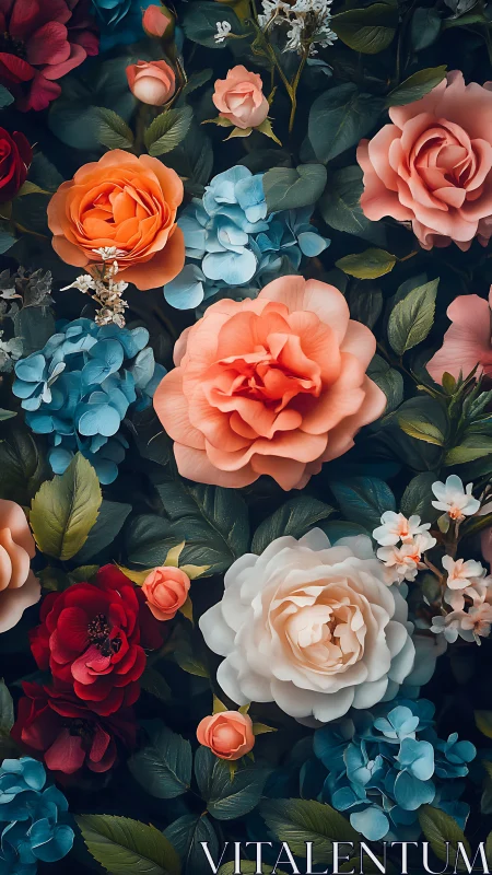 Dense Floral Composition with Orange Coral Roses, Blue Hydrangeas, Deep Teal Background