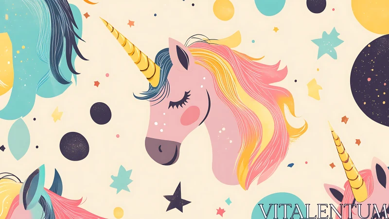 Dreamy unicorns float through sherbet-colored cosmic confetti