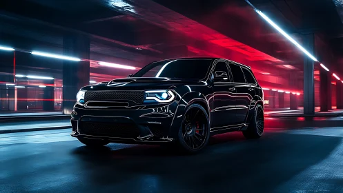 Sleek black SUV cruising through neon lit city tunnel.