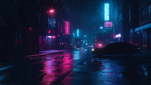 Nocturnal neon corridor with silhouetted sedan in rainfall.