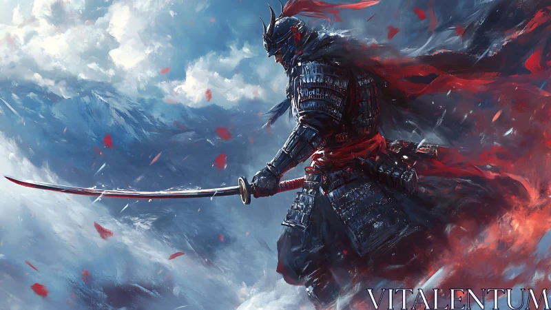 Armored samurai strides through storm with crimson katana poised.