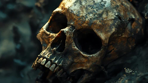 Macro study of weathered human skull in dramatic chiaroscuro.
