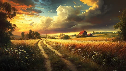 Sunlit country road through golden wheat fields at dusk.