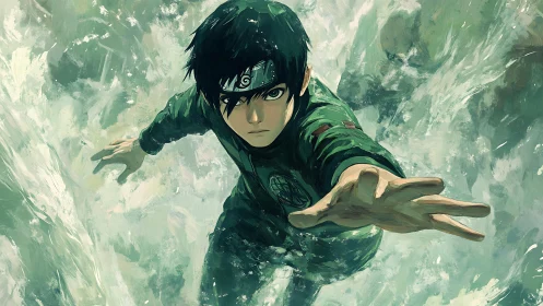 Dynamic anime action portrait with kinetic water energies.