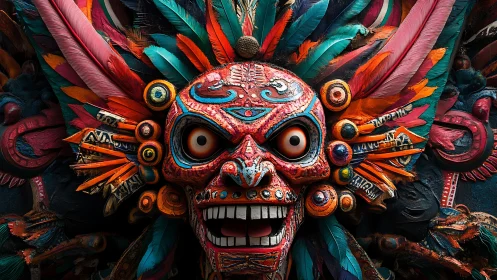 Multicolored carved skull mask with elaborate feather headdress.