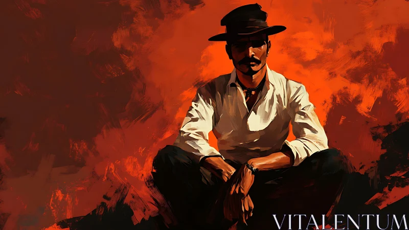 Solitary cowboy in crimson abstract desert light.