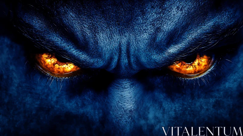 Demonic blue face with molten orange predator eyes.