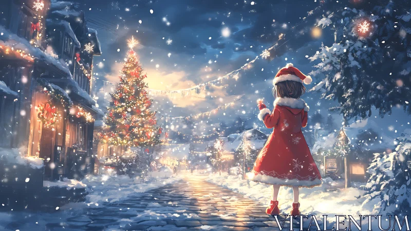 Girl in red coat observing a snowy Christmas street scene.