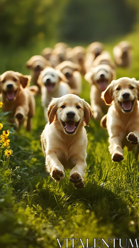 Golden retriever puppies sprint through sunlit meadow