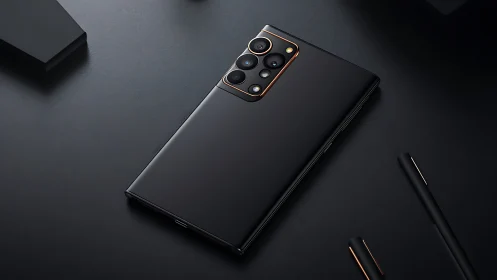Premium Black Smartphone with Quad Camera System and Rose Gold Accents.