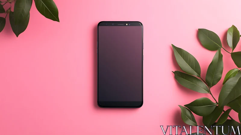 Black smartphone centered on pink background with greenery.