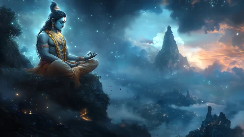 Meditating blue deity on misty cliff before luminous temple peaks