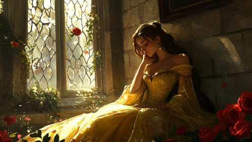 Melancholic woman in yellow gown by sunlit castle window.