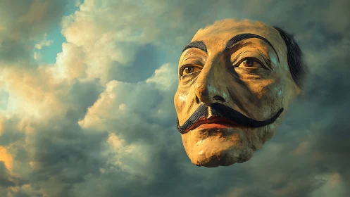 Mustached dreamer’s giant face drifting through dusk skies.