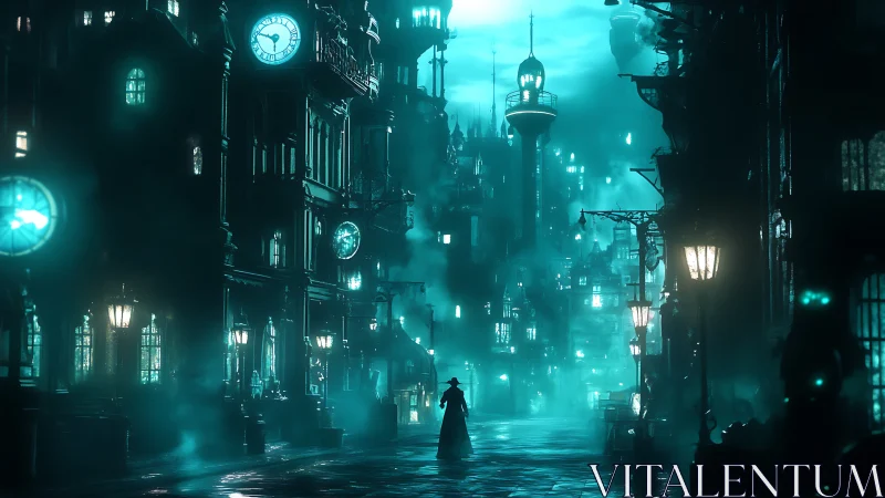 Fog-dense teal steampunk street with lone cloaked figure advancing