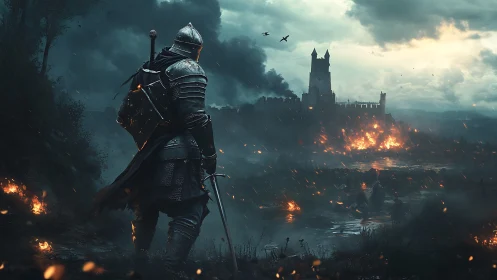 Armored lone knight beholds a burning storm-lashed citadel.