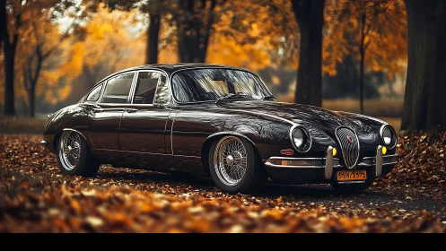 Classic black sedan parked in autumn forest landscape