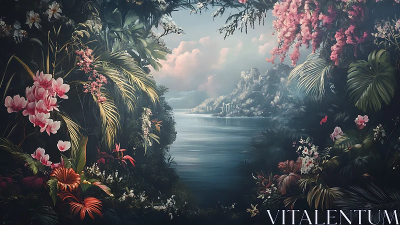 Secret lagoon framed by lush blossoms and distant castle.