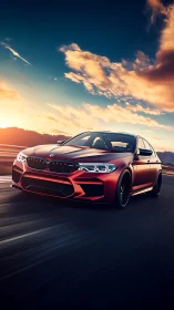 Sunset red sports sedan surges forward on an open racetrack