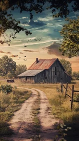 Sunlit country lane winding gently toward a quiet barn.