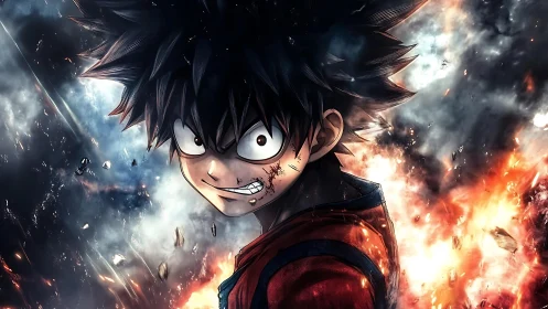 Anime boy amid exploding fiery and smoky battle background.