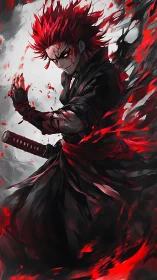 Red haired masked swordsman amid swirling red energy field.