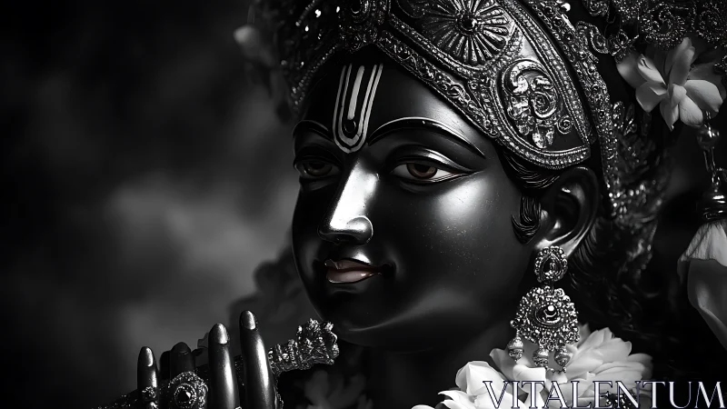 Graceful divine statue gazes softly with intricate adornment