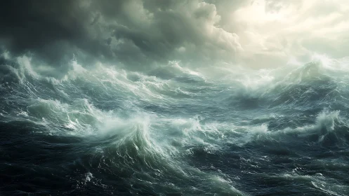 Storm-tossed emerald ocean under a bruised wandering sky.