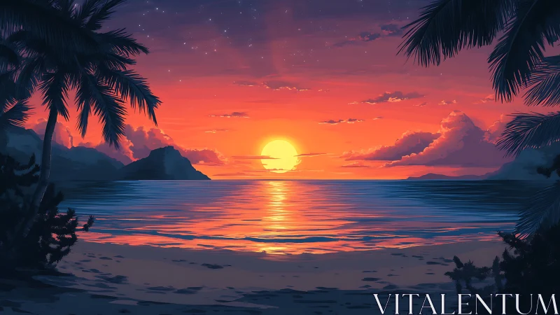 Tropical shoreline sunset with vivid orange reflective sea.