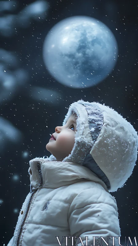 Young figure in winter apparel observes lunar sphere amid falling precipitation.