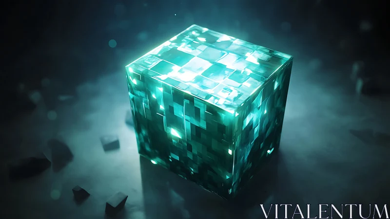 Luminous teal crystal cube with pixelated geometric facets.