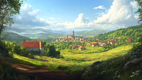 Sunlit medieval valley town rendered with deep atmospheric perspective