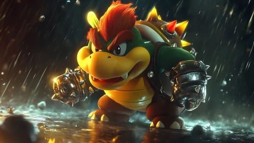 Rain-slicked baby monster warrior glows with molten fury.