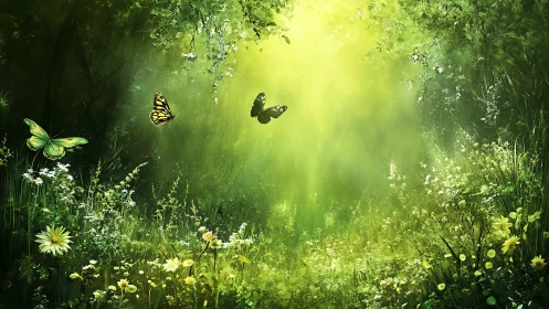 Sunlit Enchanted Forest with Butterflies in Dreamlike Style.