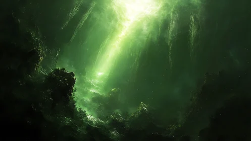 Mystical green light pours into a deep, shadowy cavern