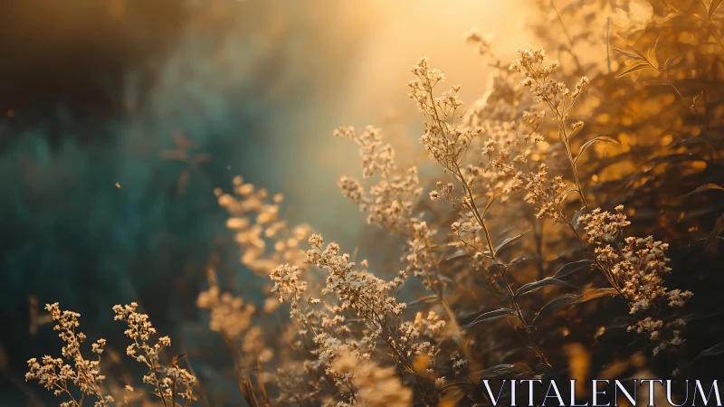 Wild meadow blooms glow softly in warm golden hour light