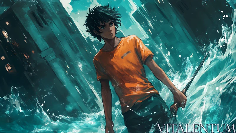 Stormlit teen hero standing bold in a flooded neon city.