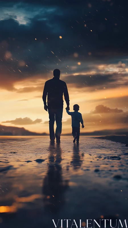 Sunset shoreline stroll with a parent and child in rain.