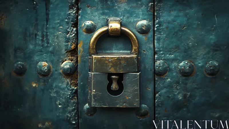 Weathered brass padlock on riveted teal steel door surface
