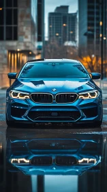 Blue BMW sedan front view reflected on wet urban street