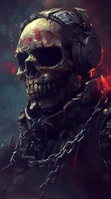 Cyber skull warrior with headphones in dark dramatic lighting.