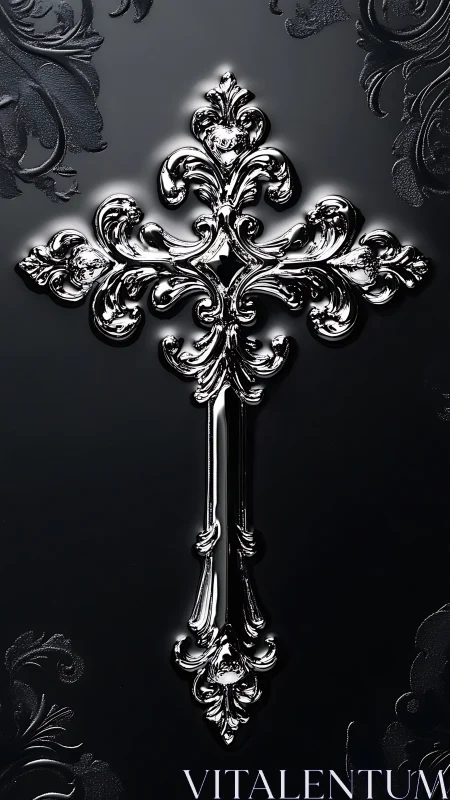 Ornate silver cross gleams over dark baroque background.