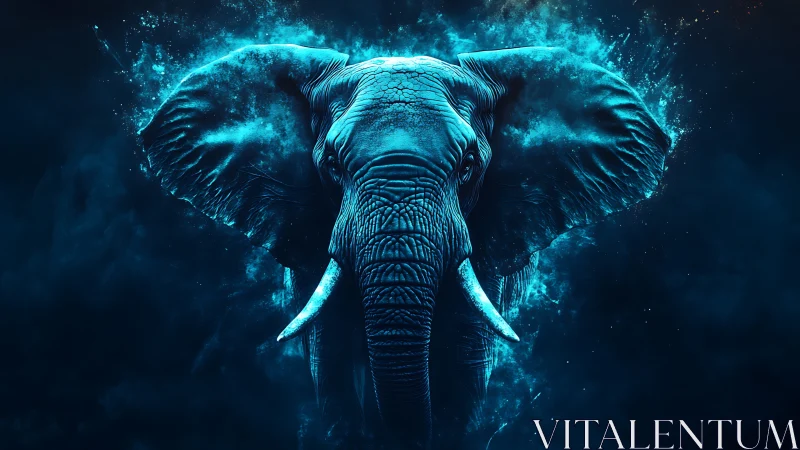 Digital frontal study of blue-illuminated elephant head.