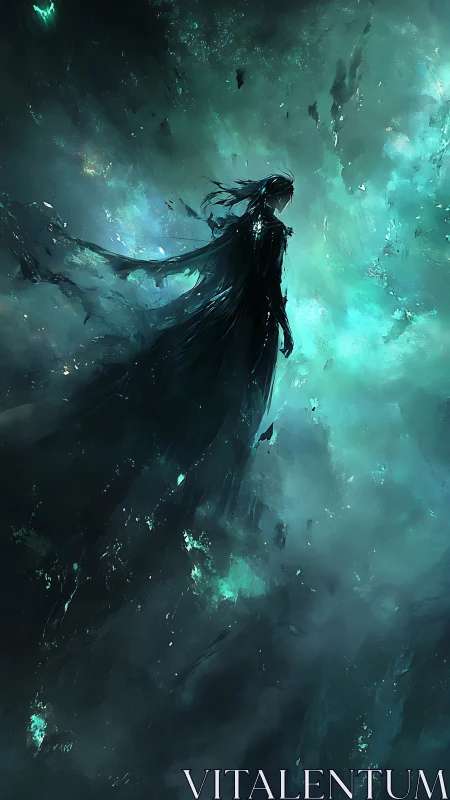 Shrouded spectral figure drifts through luminous teal void