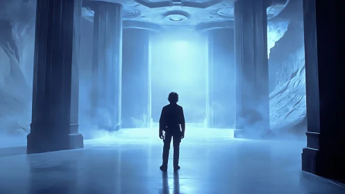 Solitary explorer under luminous monolithic arches.