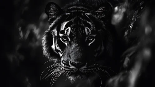 Monochrome close-up shows tiger face emerging from darkness