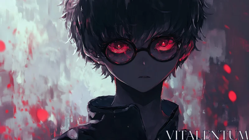 Red-eyed anime boy rendered in dark, high-contrast digital painting