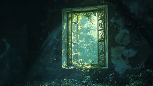 Overgrown window reveals luminous forest beyond decayed wall