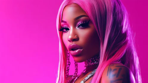 Vibrant pink-haired portrait radiates neon glamour and confidence.