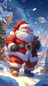 Santa Claus walking through snowy village at night.